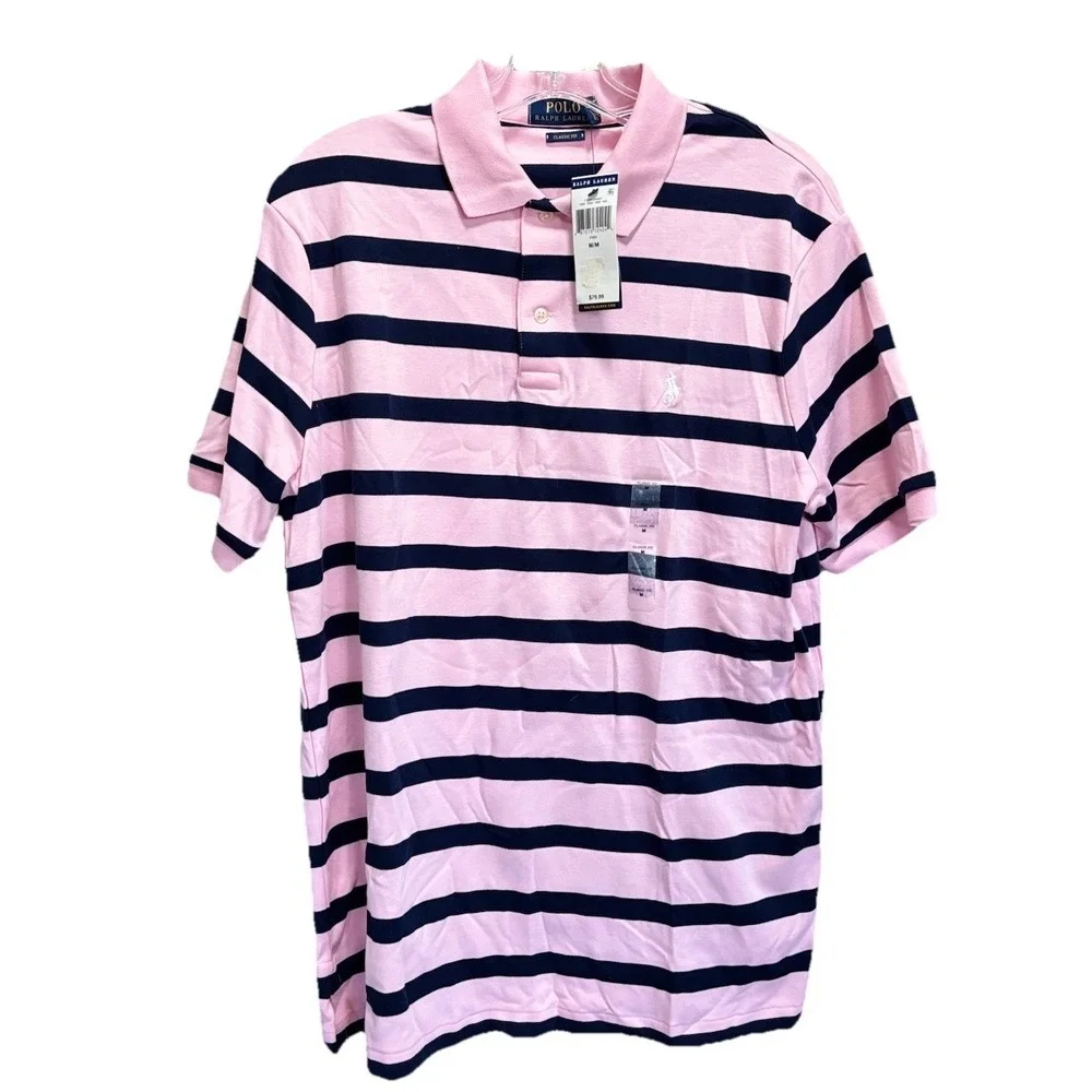 Polo Ralph Lauren Short Sleeve 3 Button Polo Shirt Size M Pink/Navy Stripe NWT